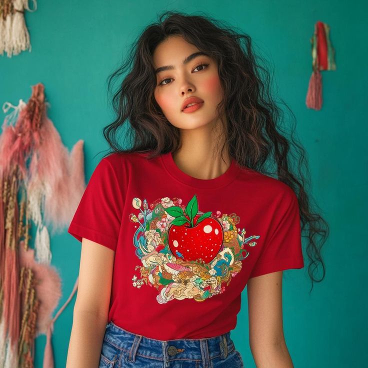 Add a touch of fruity elegance to your style with our Apple Artwork Red T-shirt, part of the exclusive Fruits Series Vintage Artistic collection. This striking T-shirt features an intricate apple graphic surrounded by a flourish of vibrant floral and artistic patterns, evoking a vintage feel that's both captivating and fashionable. The bright red background accentuates the vivid apple design, making this T-shirt a standout piece for any casual occasion. Made with premium quality cotton, this T-shirt offers unbeatable comfort and a soft, breathable fit that lasts all day. Its relaxed silhouette provides a comfortable yet stylish look that pairs easily with jeans, skirts, or shorts. The enchanting artwork, with a mix of floral details and whimsical elements, makes this T-shirt perfect for an Red T-shirt For Summer Gift, Red Graphic Print Top As Gift, Trendy Red Printed T-shirt, Trendy Red T-shirt With Strawberry Print, Trendy Red Strawberry Print T-shirt, Red Fruit Print Graphic Tee, Red Graphic Tee With Fruit Print, Red Screen Print Tops As Gift, Red Screen Print Tops As A Gift