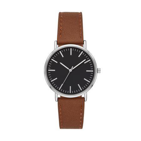 Modern and simple, this timepiece features an elegant cognac vegan leather strap. The clean dial has EZ read markers and a timeless silver tone case. Size: 36 mm. Color: Brown. Gender: male. Age Group: adult. Classic Brown Business Watches, Brown Quartz Business Watches, Classic Brown Leather Strap Watches, Brown Metal Dial Business Watch, Classic Brown Watch Accessories With Metal Dial, Minimalist Leather Watch Accessories For Formal Wear, Modern Brown Watch Accessories For Everyday, Brown Minimalist Watches For Business, Classic Brown Quartz Watch