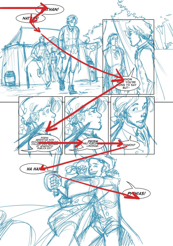 the storyboard shows how to draw an action scene with red lines and blue ink