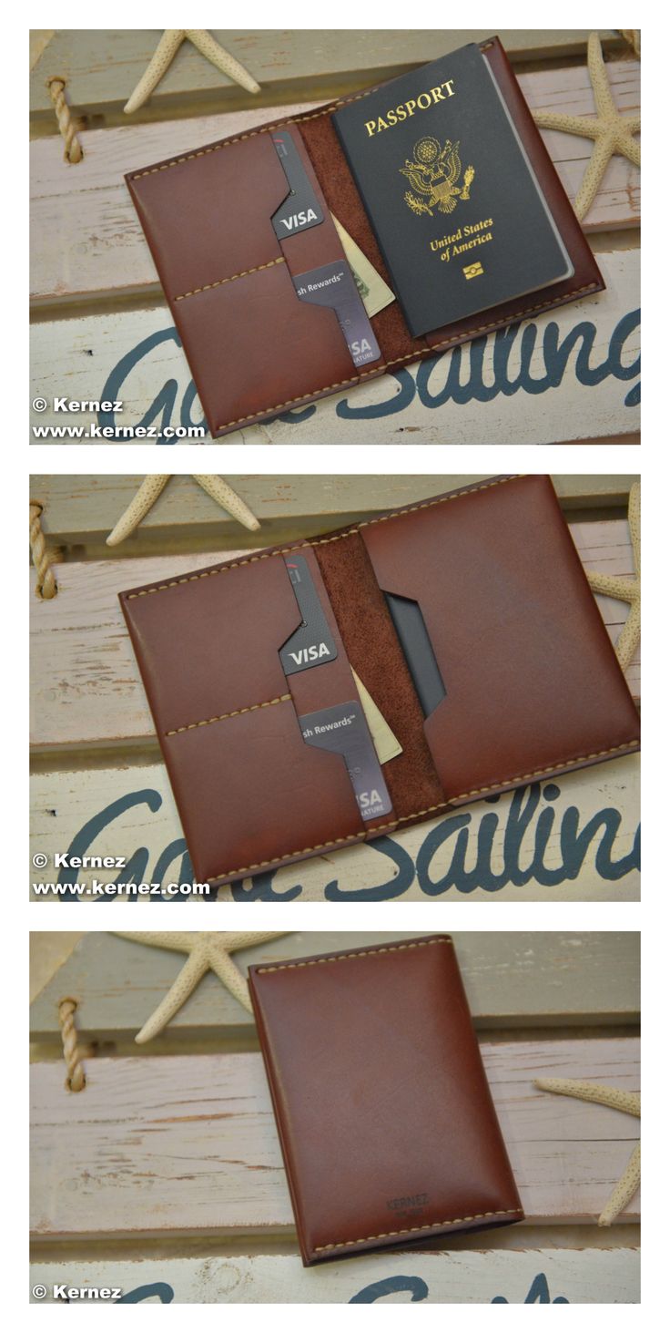 Keep yourself and your family organized this travel season with our original leather travel wallet. Designed to keep your most important documents safe and close at hand, this organizer holds passports, boarding passes, credit cards, currency, and any other travel documents. For families traveling with small children, this is the perfect way to keep track of everyone's papers and passes. Diy Leather Gifts, Fake Documents, Crea Cuir, Penyimpanan Makeup, Diy Leather Wallet, Leather Wallet Design, Real Fake, Leather Passport Wallet, Boarding Passes