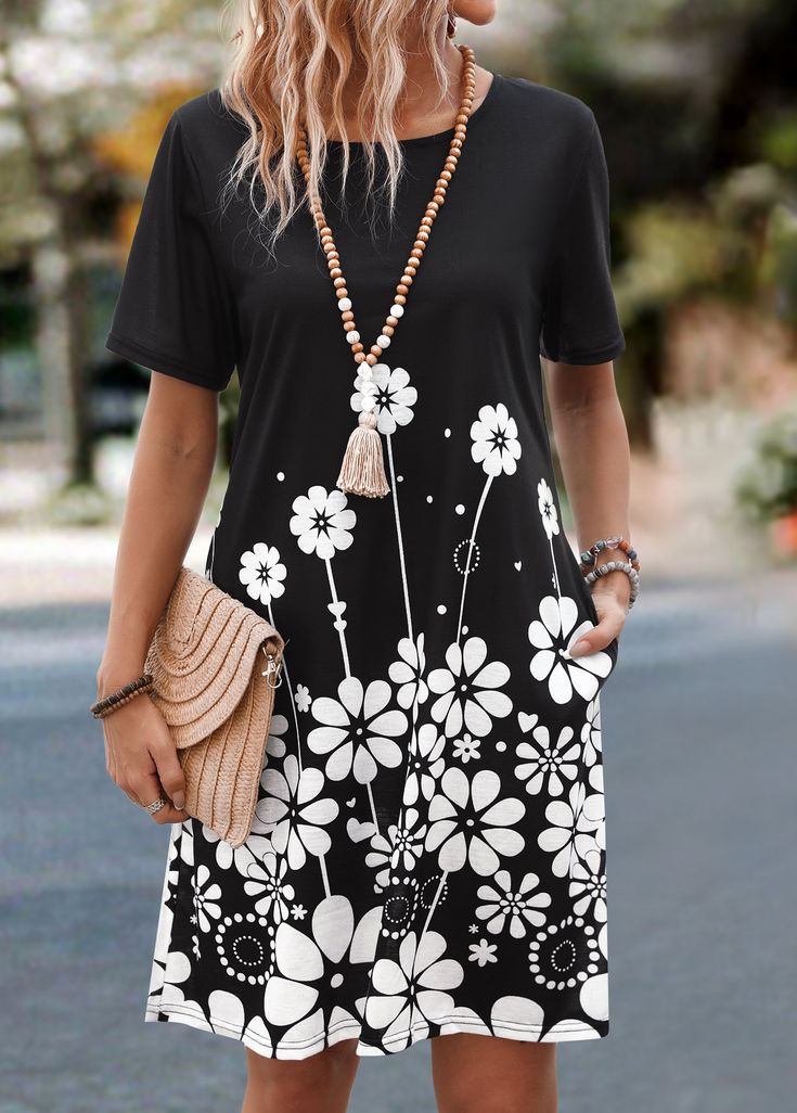 Black Shift Midi Dress With Short Sleeves, Black Floral Print Short Sleeve Midi Dress, Black Floral Print Midi Dress With Short Sleeves, Black Short Sleeve Midi Dress With Floral Print, Black Short Sleeve Printed Midi Dress, Printed Black Midi Dress, Printed Knee-length Black Dress, Knee-length Printed Black Dress, Black Printed Midi Dress