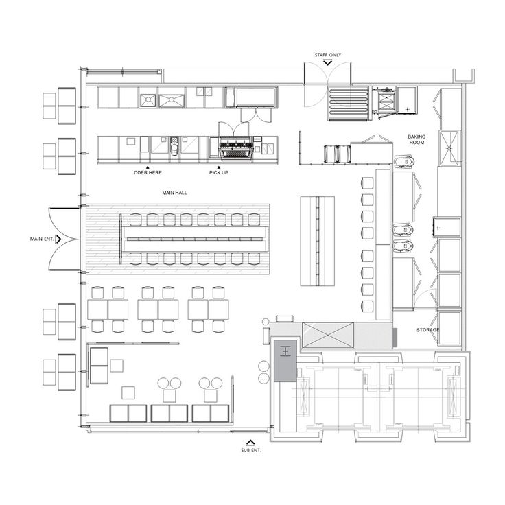 the floor plan for a restaurant with tables and chairs, seating areas, and an open kitchen