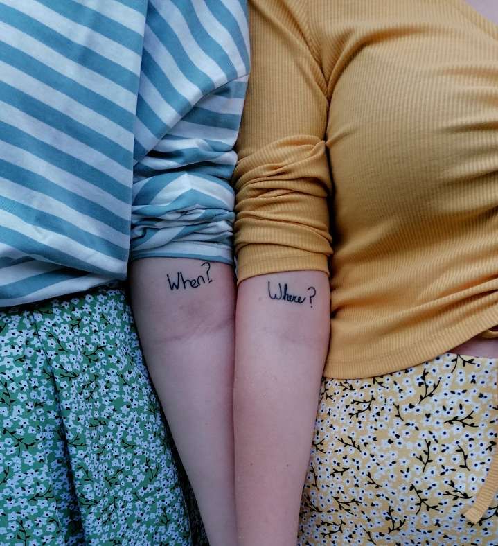 two people with matching tattoos on their arms