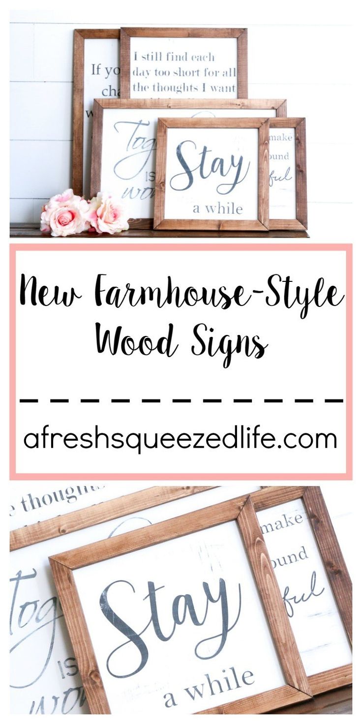 three framed wood signs with the words new farmhouse - style word stays written on them