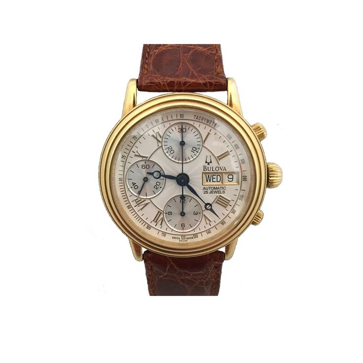 Bulova Collection Chronograph Watch 60C00. Self winding 18K yellow gold collection chronograph by Bulova. It comes with original Bulova box. Stamped Bulova 18K, 750, Sapphire Crystal, Water Resistant 30M. Serial number: C 825008. Swiss Made. Case Diameter: 37.00mm, Case Thickness: 13.00mm. Band Material: Genuine Crocodile Made in Italy. Classic Automatic Yellow Gold Chronograph Watch, Classic Automatic Chronograph Watch In Yellow Gold, Classic Yellow Gold Automatic Chronograph Watch, Gold Automatic Chronograph Watch For Business, Gold Chronograph Watch With Subdials For Business, Elegant Gold Chronograph Watch With Chronometer, Luxury Gold Chronograph Watch For Business, Luxury Yellow Gold Chronograph Watch Accessories, Classic Gold Chronograph Watch For Formal Occasions