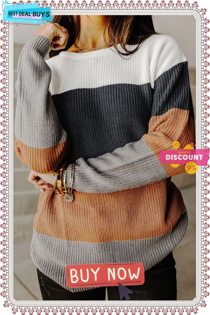 Chestnut Color Block Knitted O-neck Pullover Sweater Brown Soft Knit Crew Neck Sweater, Brown Ribbed Crew Neck Sweater, Knitted Crew Neck Fall Sweater, Knitted Crew Neck Sweater For Fall, Casual Brown Knit Top For Fall, Brown Knitted Crew Neck Sweater, Brown Crew Neck Sweater For Fall, Cozy Brown Crew Neck Sweater, Casual Ribbed Brown Sweater