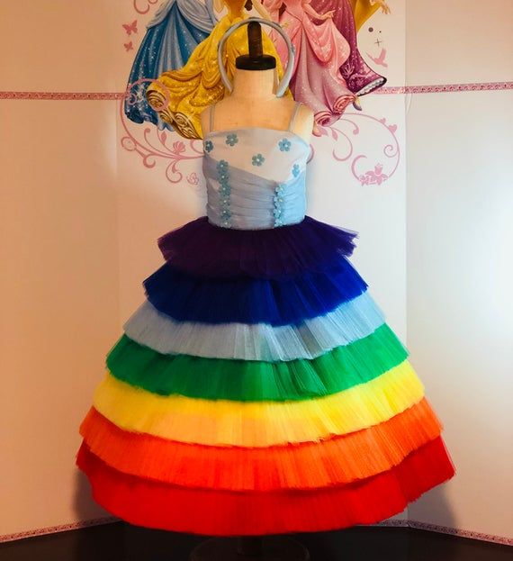 Amazing Rainbow OOC, carnival outfit. Included dress,  head hoop.The top is decorated with light blue flowers, pearls and parallel strips.Size 3-4t (chest 21-22 waist 20 length from shoulder to hem 30-32).The outfit can be made in any size.Message me please and I'll send you a color chart. We can offer about 60 different colors to choose from.Outfit is tailored to order in any standard size.The size chart is the picture of the listing.If you want it to fit perfectly send me please the measuremen Whimsical Rainbow Princess Dress For Dress-up, Blue Tutu Dress For Summer Pageant, Summer Pageant Blue Tutu Dress, Summer Blue Tutu Dress For Pageant, Blue Tutu Dress For Summer Pageants, Spring Party Tutu Dress, Spring Party Fun Tutu Dress, Fun Spring Party Tutu Dress, Blue Sleeveless Tutu Dress For Fancy Dress