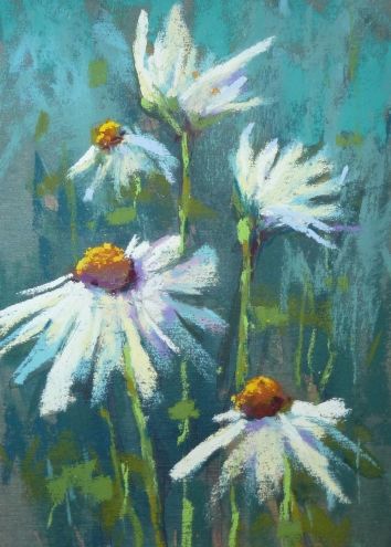 three white daisies on a blue background