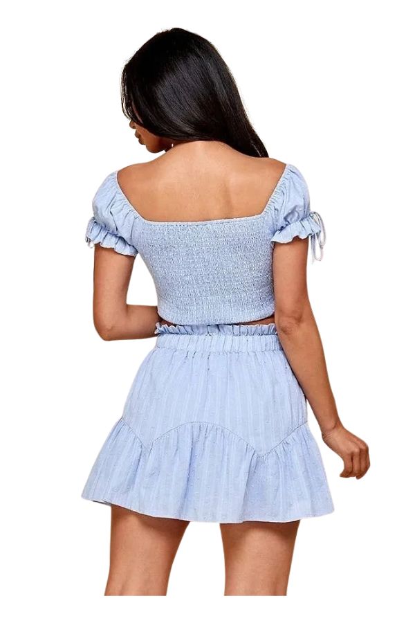 This 2 pc set is very versatile. Dress it up or down... Perfect for day or night. Wear off the shoulder or on. The options are limitless! Fitted Matching Set Tops For Day Out, Blue Set For Day Out, Spring Matching Set Tops, Chic Short Sleeve Matching Set Tops, Trendy Two-piece Top Set For Spring, Flirty Spring Loungewear Tops, Spring Flirty Loungewear Tops, Flirty Loungewear Tops For Spring, Fitted Two-piece Set Tops For Day Out