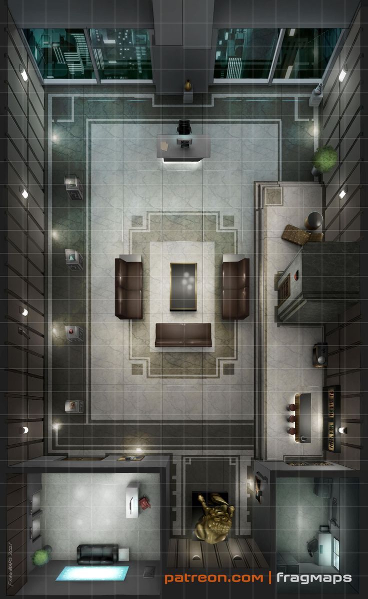 corporate penthouse office TTRPG battle map Cyberpunk Penthouse Map, Scifi Battle Map, Boss Battle Map, Dnd Office Map, Office Battlemap, Cyberpunk Corporation, Modern Battle Map, Cyberpunk Corporate, Cyberpunk Map