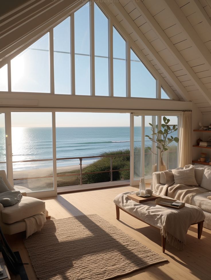 a living room with large windows overlooking the ocean