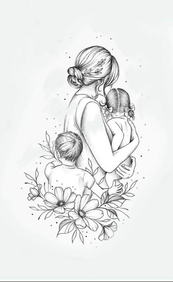 a drawing of a woman holding a child in her arms and flowers around her neck