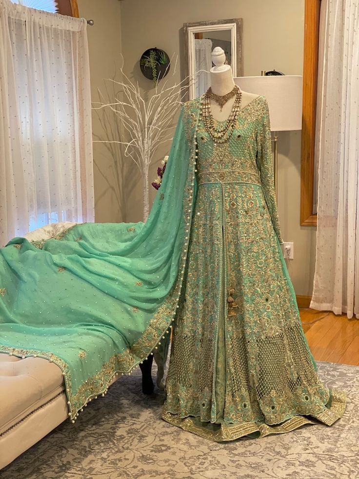 Pakistani Bridal Dress Elan Inspired Garden of Evening Mist | Etsy Ceremony Gown With Dabka Work In Traditional Drape, Anarkali Floor-length Ceremony Dress, Traditional Drape Gown With Dabka Work For Ceremony, Anarkali Floor-length Dress For Ceremony, Elegant Floor-length Sharara For Ceremony, Elegant Green Gown With Sheer Dupatta, Luxury Festive Evening Dress For Wedding, Luxury Wedding Evening Dress With Intricate Embroidery, Luxury Festive Wedding Evening Dress