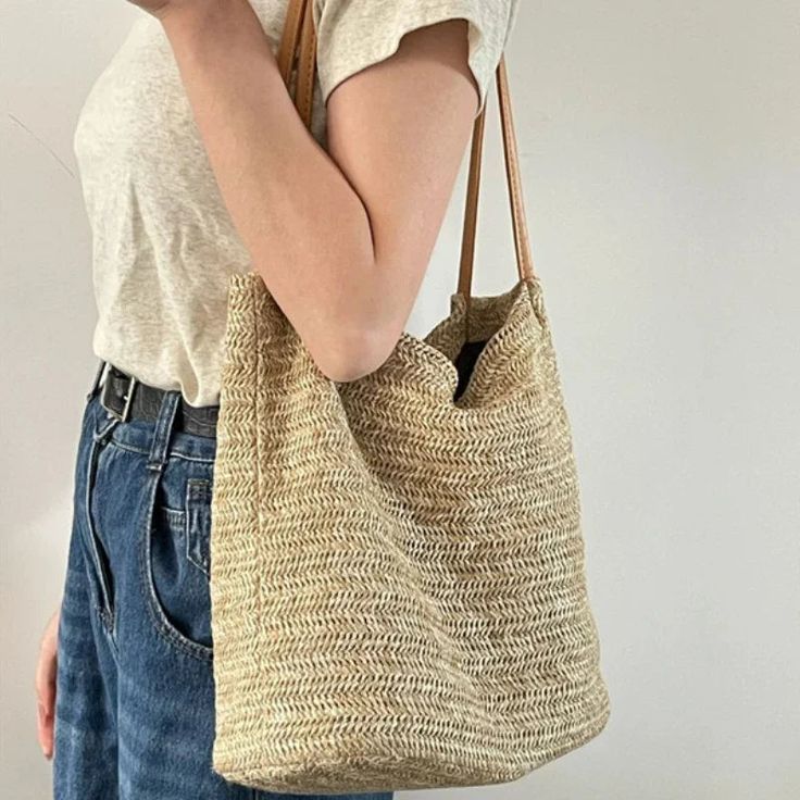 UAKISS - Tote Bags for Women Korean New Casual Y2k Aesthetic Crochet Shoulder Bag All Match Simple Streetwear Fashion Handbags Japanese Size:26*27*10CM Casual Baguette Bag With Large Capacity And Double Handle, Summer Tote Baguette Bag For Shopping, Summer Shopping Baguette Tote Bag, Summer Shopping Tote Baguette Bag, Everyday Crossbody Straw Bag With Removable Pouch, Summer Shopping Tote Bag, Trendy Large Capacity Crochet Shoulder Bag, Beige Straw Shoulder Bag For Everyday Use, Casual Summer Baguette Bag For Shopping