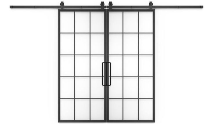 an open glass sliding door with metal bars on the bottom and side panels, against a white background