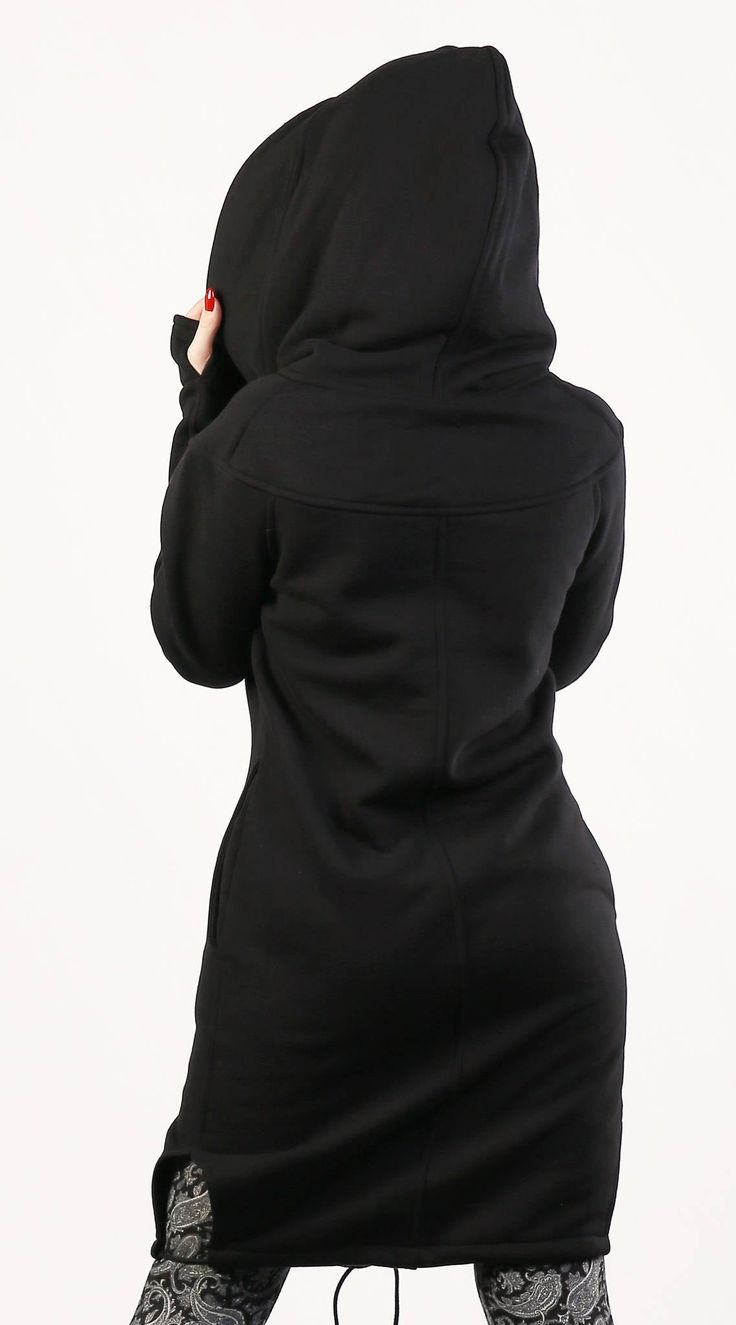 "Black Hoodie, Plus Size Clothing for Women, Black Gothic Jacket Express Shipping to the USA, UPS Courier for free Delivery 3-5 Business Days Thanks for your love for the Hoodie/Coat ♥ Let me tell You about this product... Long, zip up knit sweatshirts. Sophisticated sleeves with thumb holes which make it warm and comfortable. Sweatshirt made of: 90% cotton 10% polyester Good quality, soft fabric which stretches slightly to fit your body and is therefore very comfortable to wear. Sweatshirt sewn Black Hooded Winter Parka, Winter Black Hooded Parka, Urban Hooded Jacket With Fleece Lining, Black Hooded Jacket With Pockets, Black Long Sleeve Hooded Jacket With Pockets, Black Hooded Techwear Track Jacket, Hooded Fleece Track Jacket For Winter, Black Techwear Hoodie With Double-lined Hood, Winter Fleece Hoodie Track Jacket