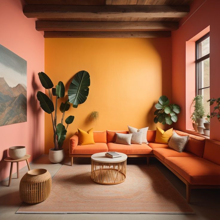 a living room with orange and yellow walls, large potted plants and an l - shaped couch