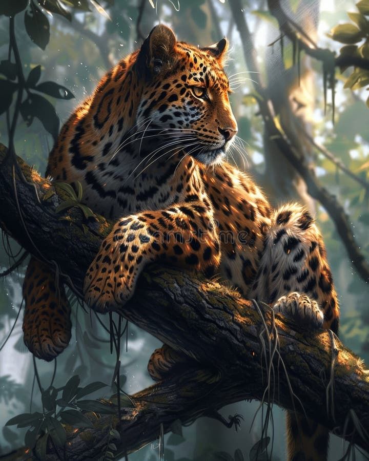 A majestic leopard lounging on a tree branch in a lush jungle, illuminated by dappled sunlight royalty free stock photos Jaguar Animal, Wild Animal Wallpaper, Regnul Animal, Tiger Pictures, Wild Animals Pictures, Big Cats Art, Mythical Animal, Hur Man Målar, In The Jungle