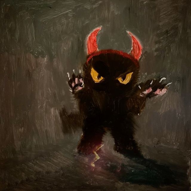 a painting of a black monster with yellow eyes and horns