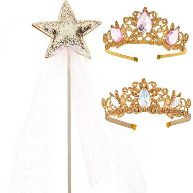 Deluxe handmade princess crown and wand set that makes for the perfect gift or add-on to a dress-up wardrobe. Our lightweight tiaras are super comfortable and designed for hours of wear. Handmade set includes a gold/pink gem crown, gold/clear gem crown and a gold glitter/pink tulle wand. Handmade with love and quality materials in Brooklyn, NY. | Bailey & Ava | Deluxe Princess Crown Wand Set, (Pink, One Size) | Maisonette collects the best children’s products from around the world (unlike Zulily, Etsy, The Tot, Farfetch Kids, Childrensalon, Crate and Kids, Kohls, Wayfair, Buy Buy Baby, Nordstroms, Mini Boden, J.Crew Factory, or PotteryBarn Kids), creating a curated shopping experience for you. Think of us as your shortcut to fashion for litte ones! Dress Up Wardrobe, Crown Gold, Handmade Costumes, Kids Holiday Gifts, Pink Gem, Princess Crown, Boy Accessories, Pink Tulle, School Bags For Kids