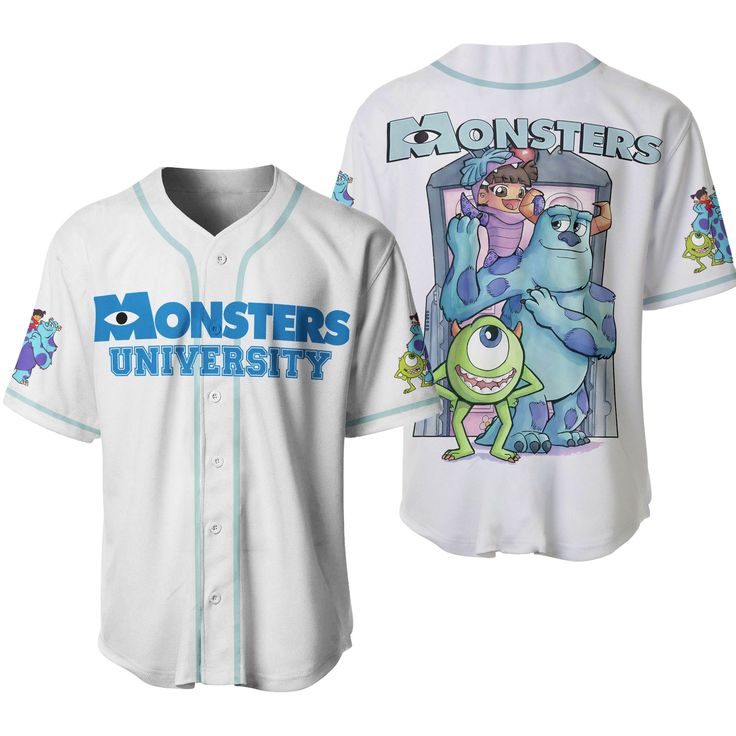 Personalize Monsters Inc Retro Style Custom Disney Jersey Disney Letter Print Tops For Streetwear, White Cotton T-shirt With Cartoon Sublimation Design, White Cotton Cartoon Print Sublimation Design, Disney Blue Top For Streetwear, Disney Graphic Print Tops For Fan Merchandise, Disney Jersey, Disney White Top With Letter Print, Themed Multicolor Tops With Letter Print, Casual Crew Neck With Cartoon Sublimation Design