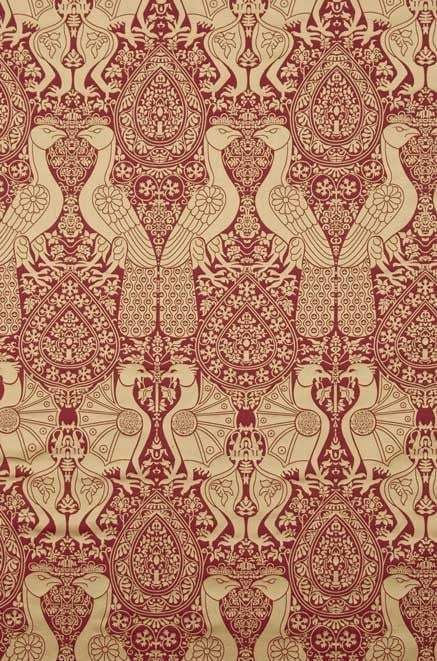 an intricately designed wallpaper with birds and flowers on red, beige and white