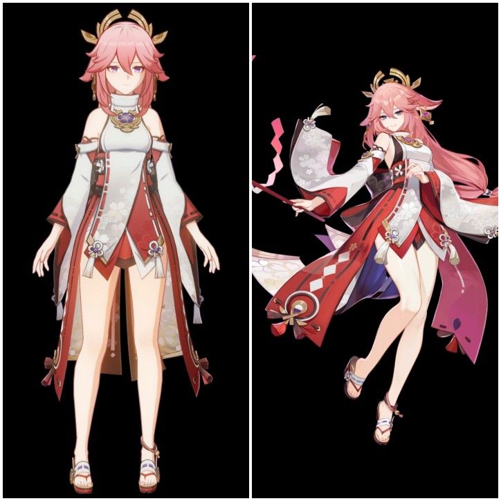 two different views of an anime character with pink hair and white skin, one in red dress