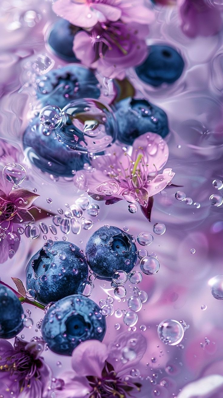 blueberries are floating in the water with purple flowers