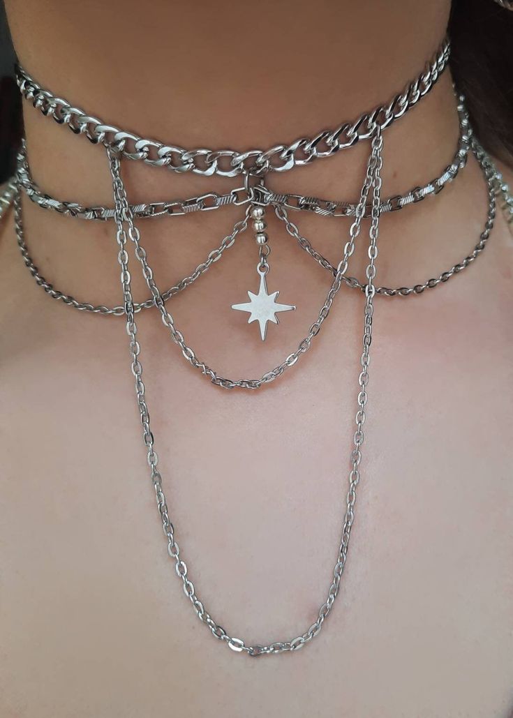 Silver Choker Necklace , Chokers , Jewelry , Stainless - Etsy Jewelry Accessories Necklaces Choker, How To Style Choker, Chain Collar Necklace, Silver Fantasy Jewelry, Star Choker Necklace, Alt Jewelry Aesthetic, Silver Collar Necklace, Good Jewelry Aesthetic, Silver Bohemian Jewelry