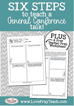 six steps to teach a general conference talk with text overlaying the image and below it