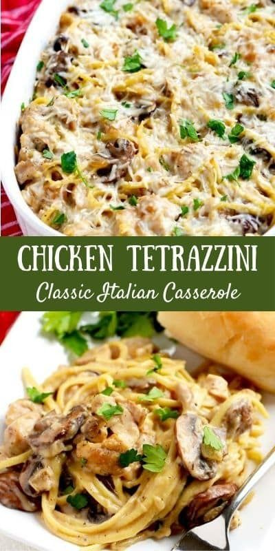 chicken tetrazzini casserole with mushrooms and parsley in a white dish