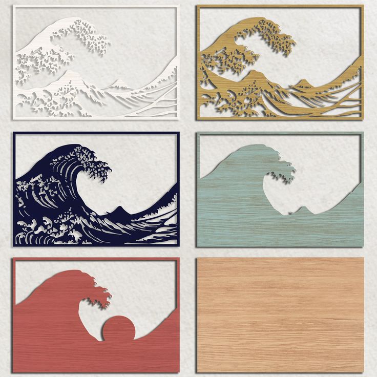 four different types of wood cut outs with waves and mountains in the background, one is white