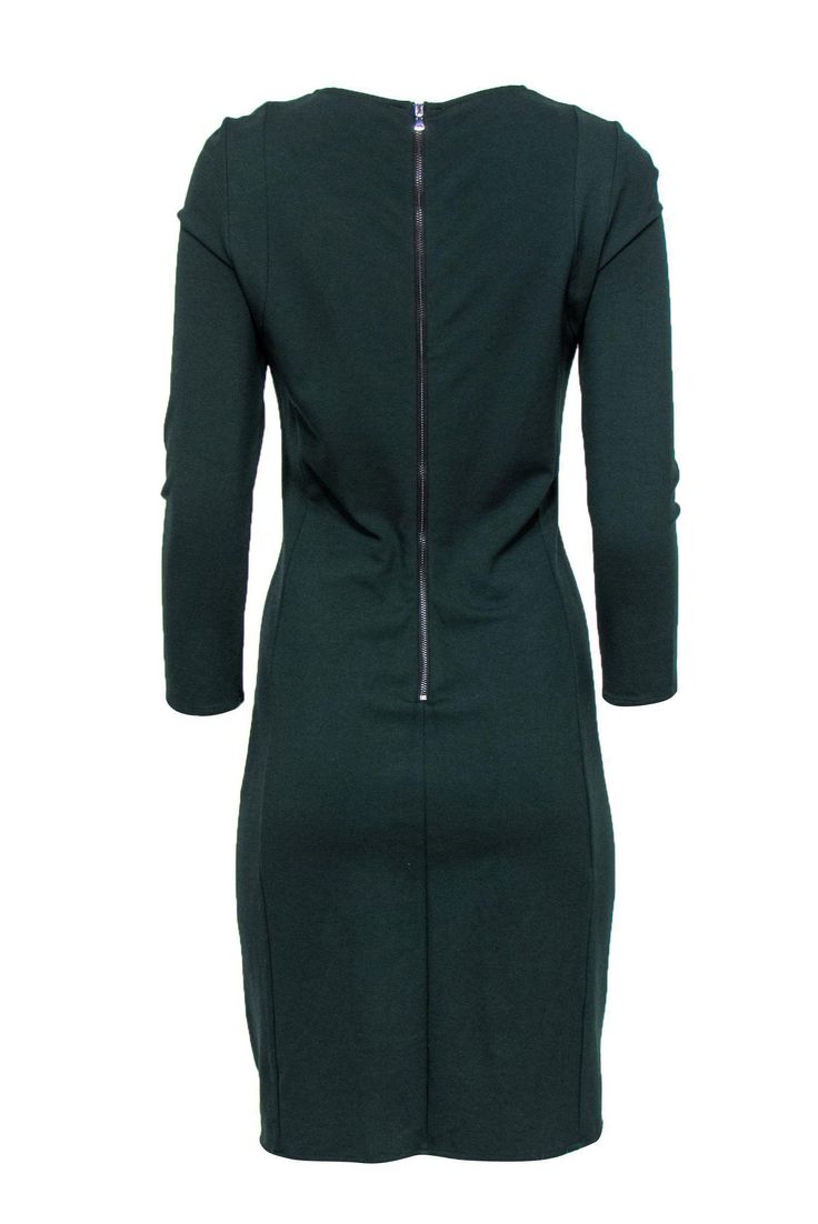 Whether you're walking into work or going out on the town, you're sure to be stunning in this ruched sheath from Kobi Halperin! Pair this with some gold drop earrings and your favorite black pumps for a versatile look any time! Size 8 68% Rayon, 27% Nylon, 5% Elastane Sheath silhouette Rounded neckline Cropped sleeves Ruched design Zippered back Waist 27" Bust 32" Total length 39" Winter Workwear Fitted Bodycon Dress, Fitted Bodycon Dress For Winter Workwear, Fitted Bodycon Dress For Work In Fall, Fitted Bodycon Dress For Work In Winter, Ruched Sheath Bodycon Dress For Work, Workwear Ruched Sheath Bodycon Dress, Sheath Bodycon Dress With Ruched Detail For Work, Fall Bodycon Dress For Work, Green Stretch Bodycon Dress For Work