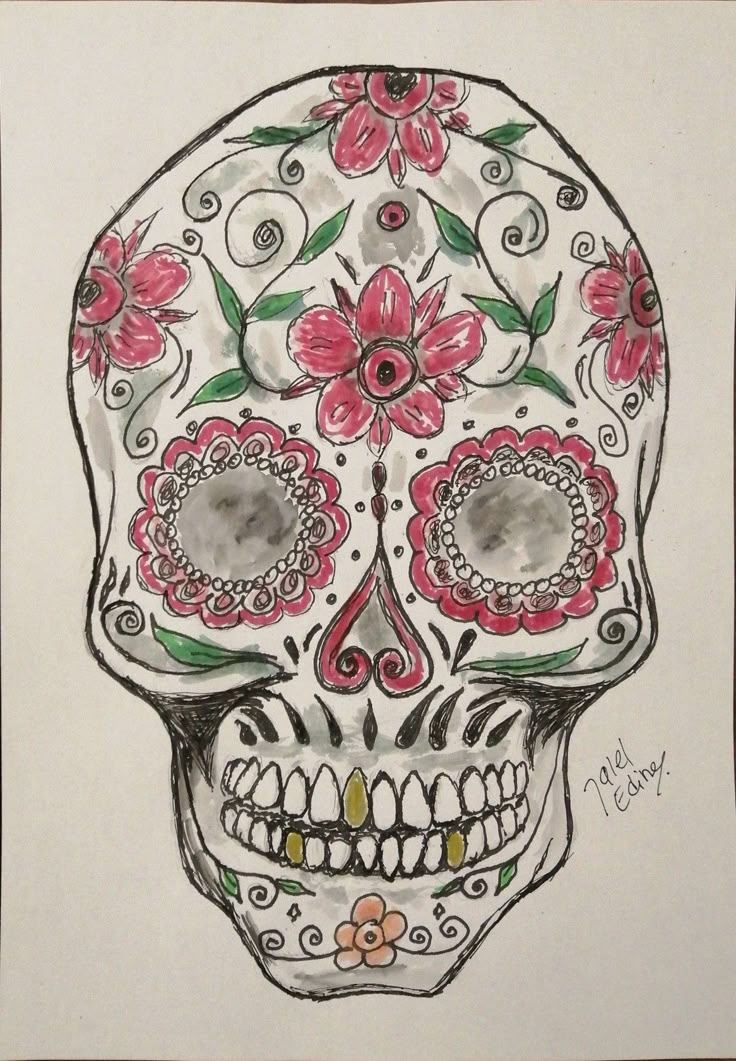 a drawing of a skull with flowers on it