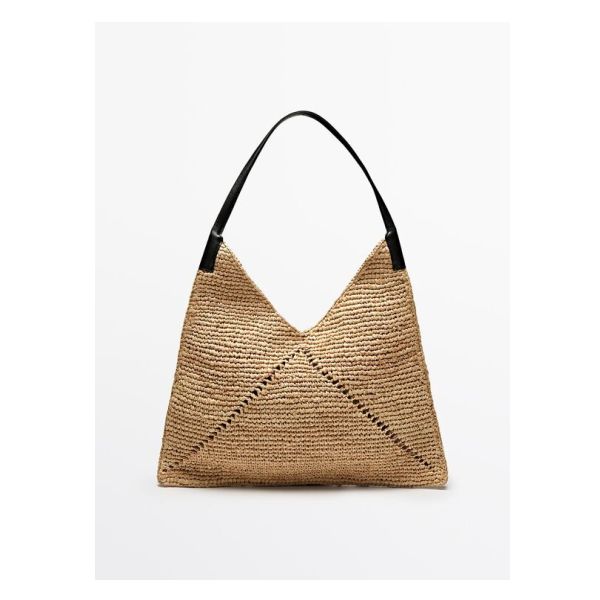 Raffia flat shopper bag with leather handle Raffia Bag, Black Accessories, Basket Bag, Shopper Bag, Massimo Dutti, Nappa Leather, Leather Tote Bag, Leather Handle, Leather Tote