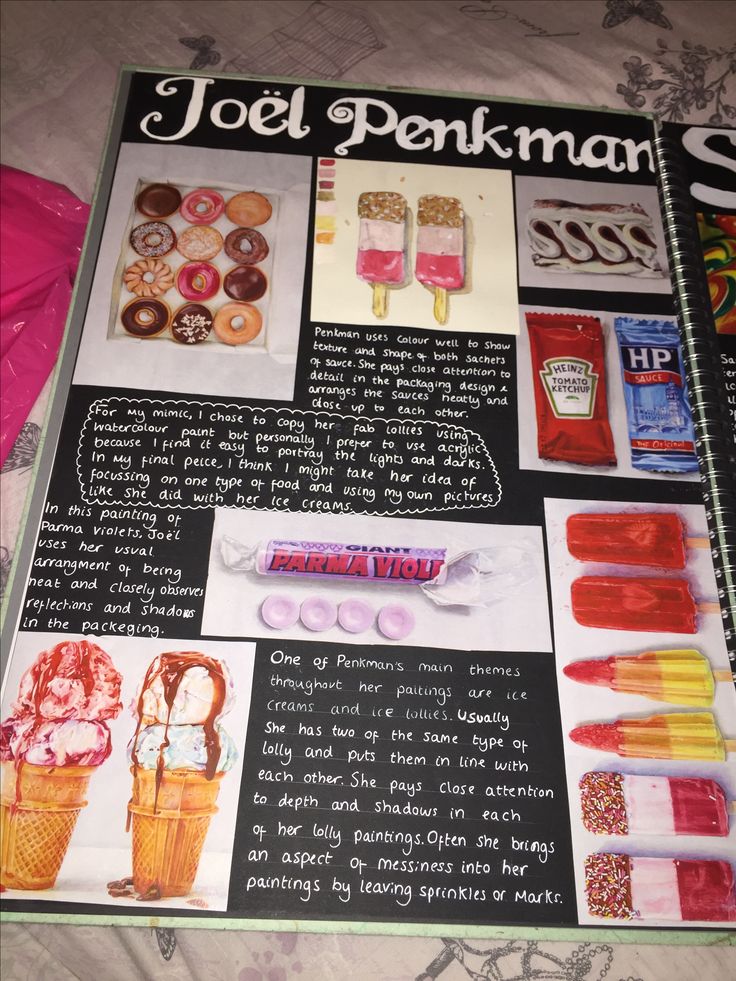 an open notebook with pictures of ice cream and desserts on the pages, including candy