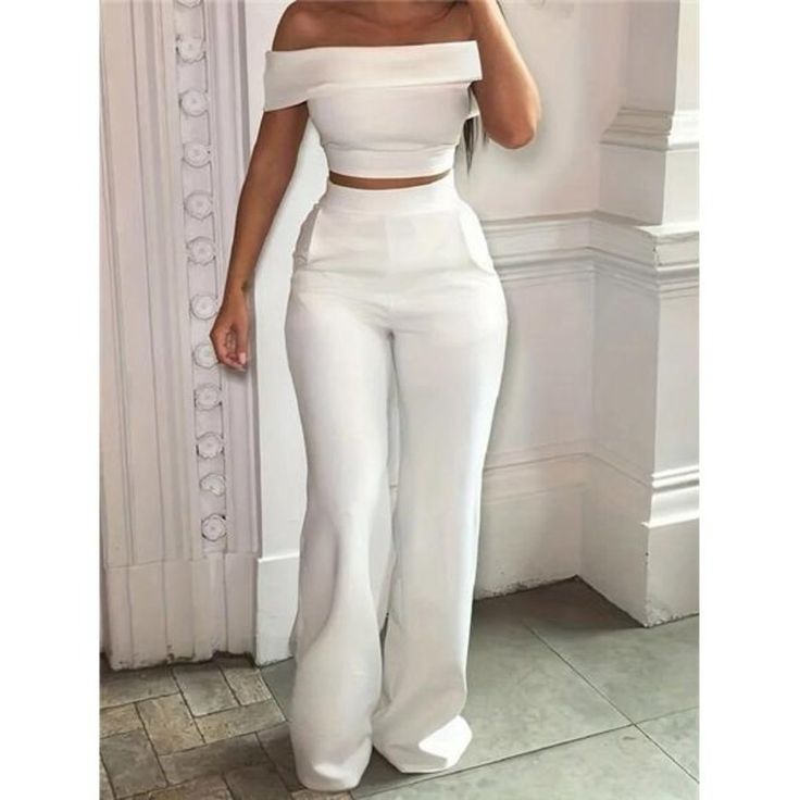 -Item Id 28527165 -Color: White -Style: Elegant -Pattern Type: Plain -Details: Pocket, Zipper -Tops Sleeve Length: Sleeveless -Neckline: Off The Shoulder -Tops Length: Crop -Pants Length: Long -Tops & Pants Material: Fabric -Top Type: Women Tops -Tops & Pants Composition: 100% Polyester -Bottom Type: Pants -Pants Body: Lined -Fit Type: Loose -Fabric: Medium Stretch -Care Instructions: Machine Wash Or Professional Dry Clean -Sheer: No **Open To Offers!!!** **Bundle To Save More** **30% Off Bundle Glamorous Luxury Pants For Date Night, Celana Fashion, Chique Outfit, Off Shoulder Crop Top, فستان سهرة, Top And Pants Set, Chic Outfit, White Party, Short Sleeve Cropped Top