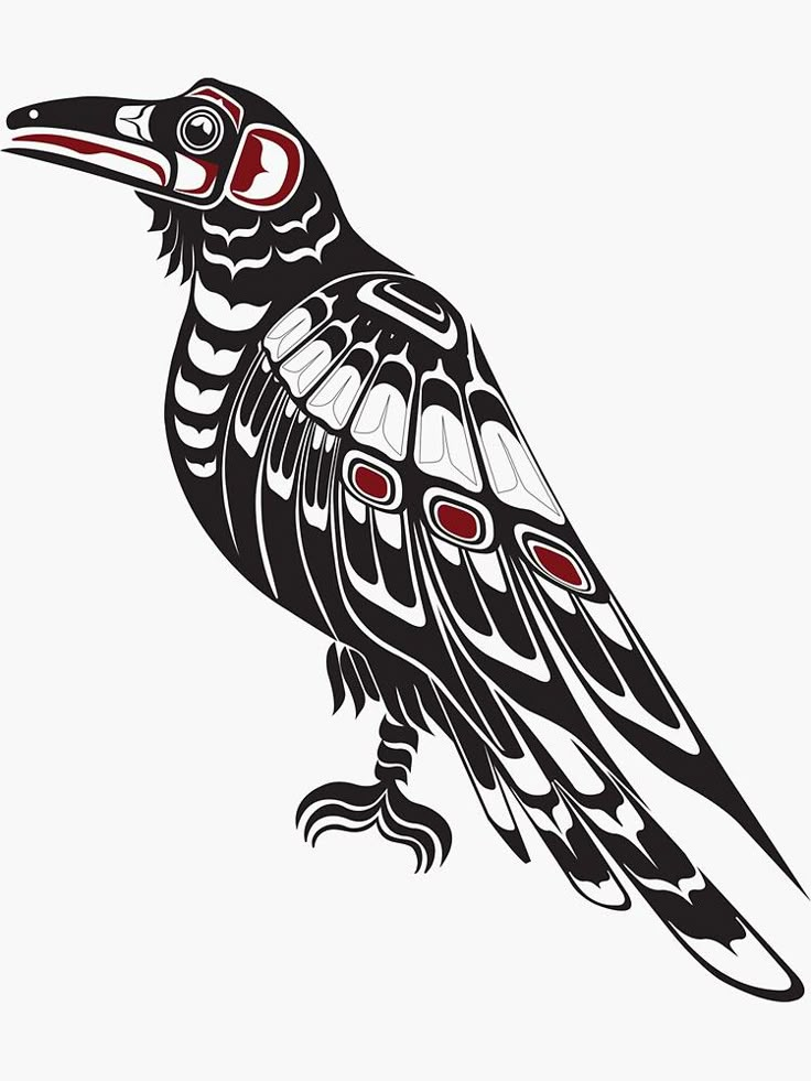 a black and white drawing of a bird with red eyes