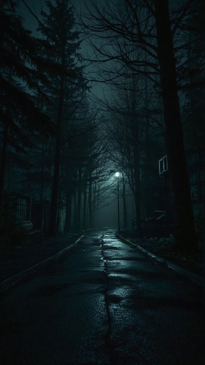 a dark street at night with the light on and trees in the foreground,