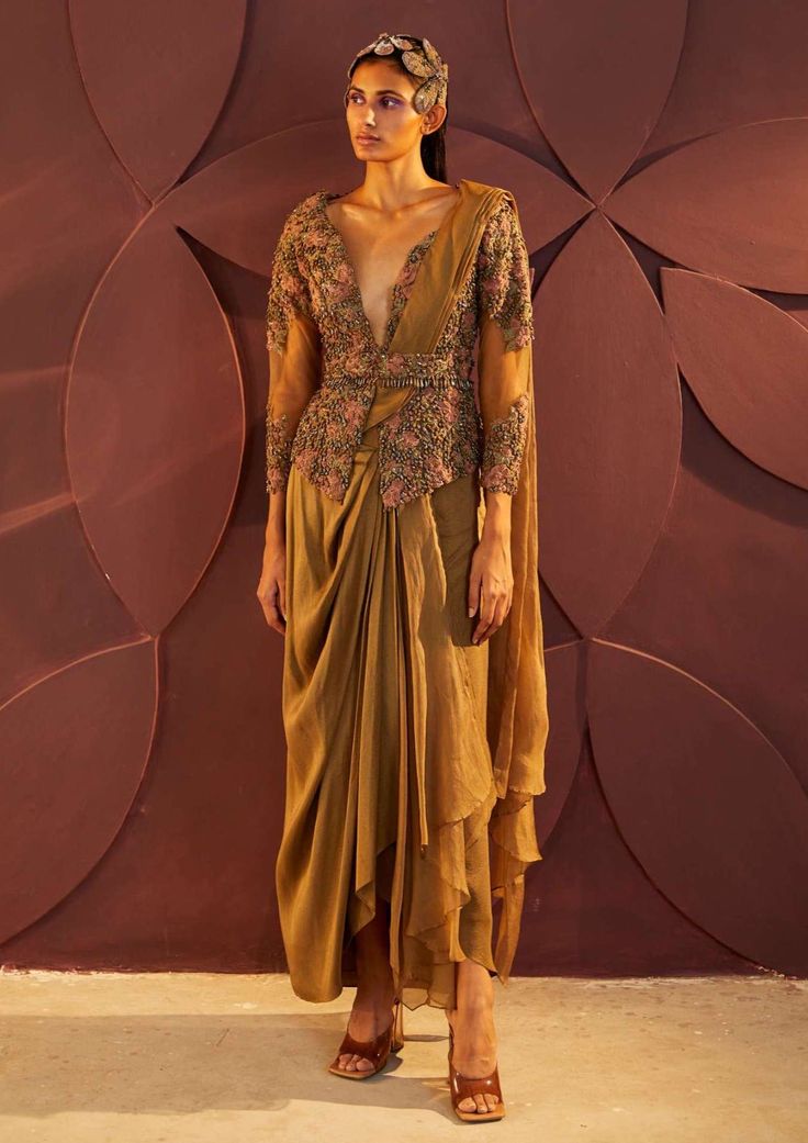 Parul And Preyanka-Gold Draped Sari Set-INDIASPOPUP.COM Formal Festive Pre-draped Saree With Intricate Embroidery, Anarkali Style Gold Pre-draped Organza Saree, Gold Pre-draped Saree With Resham Embroidery For Evening, Formal Embroidered Silk Pre-draped Saree, Elegant Embroidered Pre-draped Saree For Evening, Formal Bollywood Organza Pre-draped Saree, Evening Gown With Traditional Embroidery, Long Sleeve Pre-draped Saree For Wedding, Elegant Long Sleeve Embroidered Pre-draped Saree