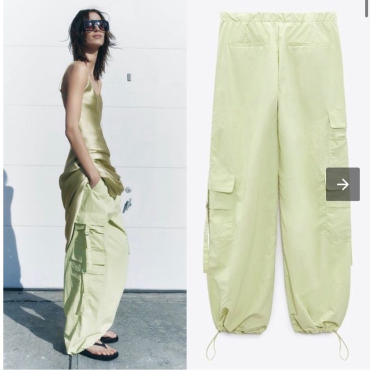 Nwt Zara Nylon Blend Parachute Pants Apple Green Color. Never Worn, New With Tags. Super Trendy Yellow Summer Cargo Pants, Green Baggy Parachute Pants For Spring, Spring Baggy Solid Parachute Pants, Casual Yellow Bottoms With Cargo Pockets, Yellow Wide Leg Pants With Side Pockets, Trendy Green Straight Parachute Pants, Baggy High-waist Parachute Pants For Summer, High-waist Parachute Pants With Pockets For Summer, Baggy Parachute Pants For Summer