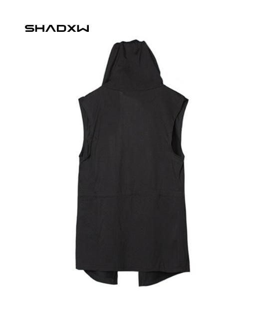 Black sleeveless jacket Casual Hooded Vest Outerwear, Sleeveless Outerwear For Fall Streetwear, Sleeveless Fall Outerwear For Streetwear, Winter Streetwear Vest Top, Hooded Vest For Spring Streetwear, Winter Techwear Sleeveless Vest, Edgy Streetwear Vest For Spring, Hooded Vest Top For Streetwear, Sleeveless Cotton Techwear Vest