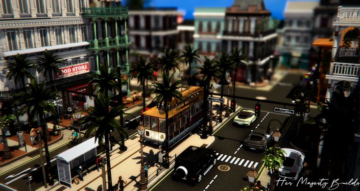 an animated city street scene with palm trees and buildings on both sides of the road