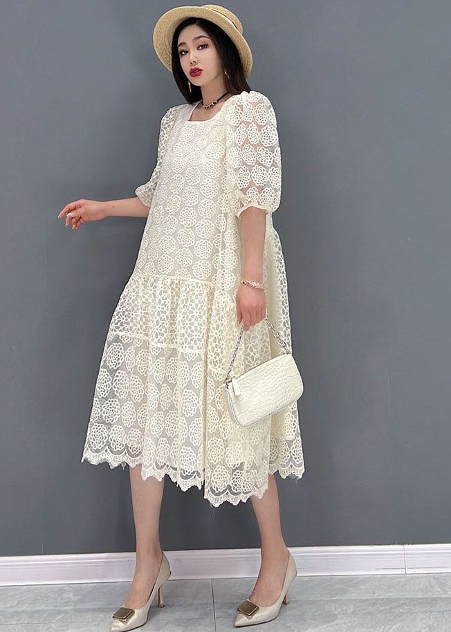 White Patchwork Feminine Dress, Feminine White Patchwork Dress, White Feminine Patchwork Dress, Lace Midi Dress With Square Neck, White A-line Midi Dress With Patchwork, Spring White Patchwork Midi Dress, Summer Square Neck Lace Dress With Lace Patchwork, White Knee-length Patchwork Dress, White Patchwork Knee-length Dress