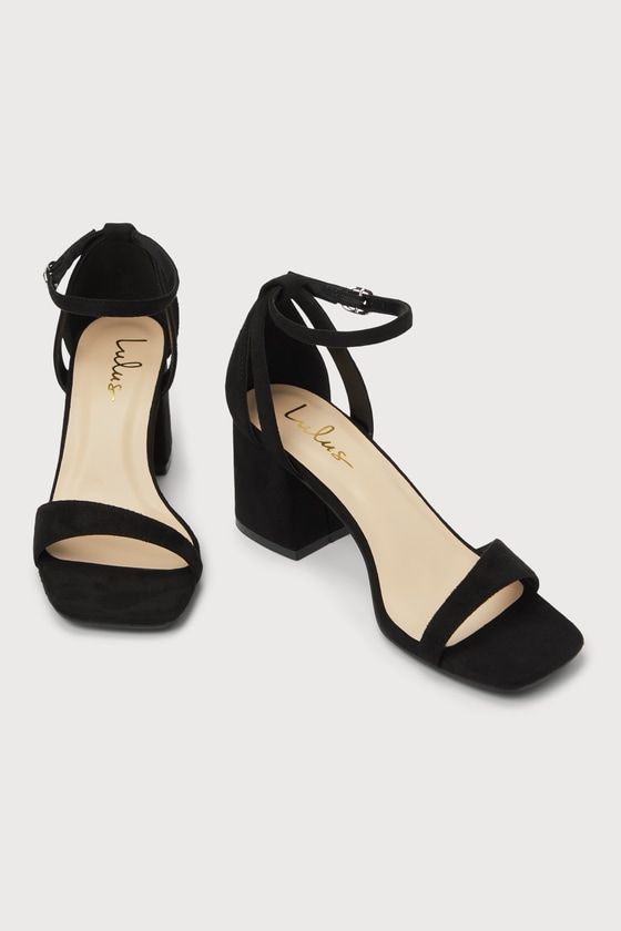 You'll be soiree ready in an instant when you have the Lulus Danielia Black Suede Ankle Strap High Heel Sandals in your closet! These cute high heel sandals have a soft faux suede construction that shapes a square footbed, a slender angled toe strap, and a single sole silhouette. An adjustable ankle strap weaves through the structured heel cup and creates cute side cutout details, all atop a trendy block heel. 2. 5" wrapped block heel. Cushioned insole. Felted rubber sole has nonskid markings. M Low Heel Padded Heels For Night Out, Low Heels With Padded Heel For Night Out, Elegant Block Heel Sandals For Date Night, Date Night Block Heels With Heel Strap, Block Heel Sandals With Heel Strap For Night Out, Date Night Open Toe Block Heels With Padded Heel, Block Heels With Heel Loop For Night Out, Block Heels With Heel Loop For Date Night, Elegant Block Heels With Heel Strap For Date Night