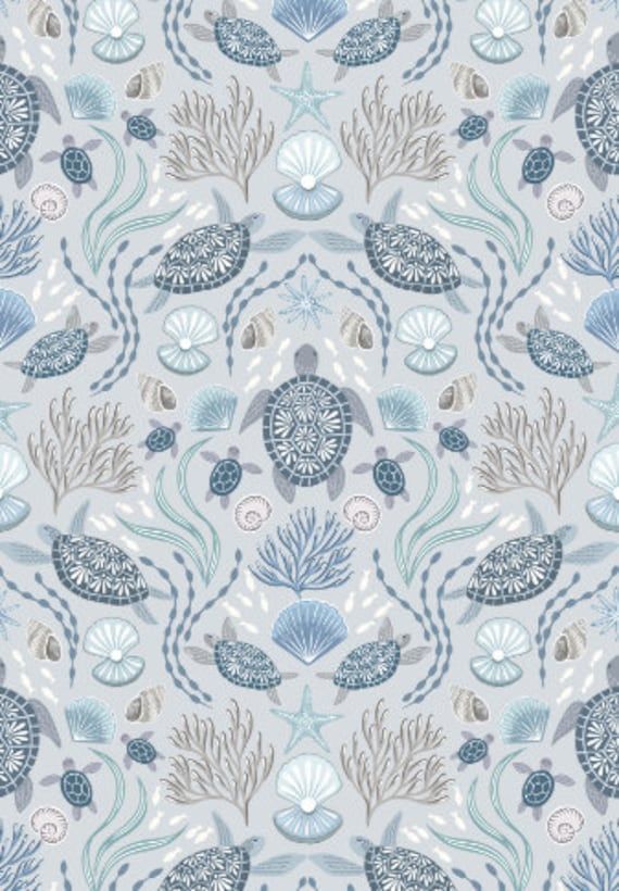 an ocean themed wallpaper with shells and seaweed