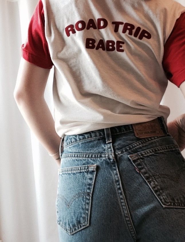 Road Trip Babe Tee Retro Red Tops With Slogan, Retro Red Tops With Text Print, Retro Red Top With Letter Print, Red Retro Slogan Tops, Red Graphic Tee For Everyday Wear, Red Graphic Tee For Everyday, Vintage Red Top With Text Print, Red Vintage Top With Text Print, Vintage Red Tops With Text Print