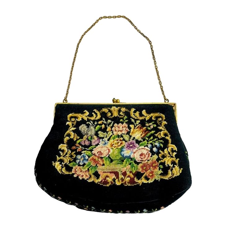 "Vintage purse handbag featuring a beautifully handmade needlepoint tapestry floral exterior. Both front and back are embellished as well as along the bottom and side edges. Based on my research my guess is that the purse dates to the 1940s. It has a brass frame with ornate glass bead embellished clasp. It has a 12\" chain handle and is lined with heavyweight ribbed fabric and has two pockets. The lining fabric is heavily soiled with dirt and some lipstick stains. (please see all photos) The lin Formal Embroidered Tapestry Bag, Handmade Tapestry Evening Bags, Handmade Tapestry Bags For Evening, Victorian Style Rectangular Tapestry Bag, Victorian Style Embroidered Rectangular Bag, Gold Clutch Purse, Tapestry Handbags, Lipstick Stain, Needlepoint Tapestry