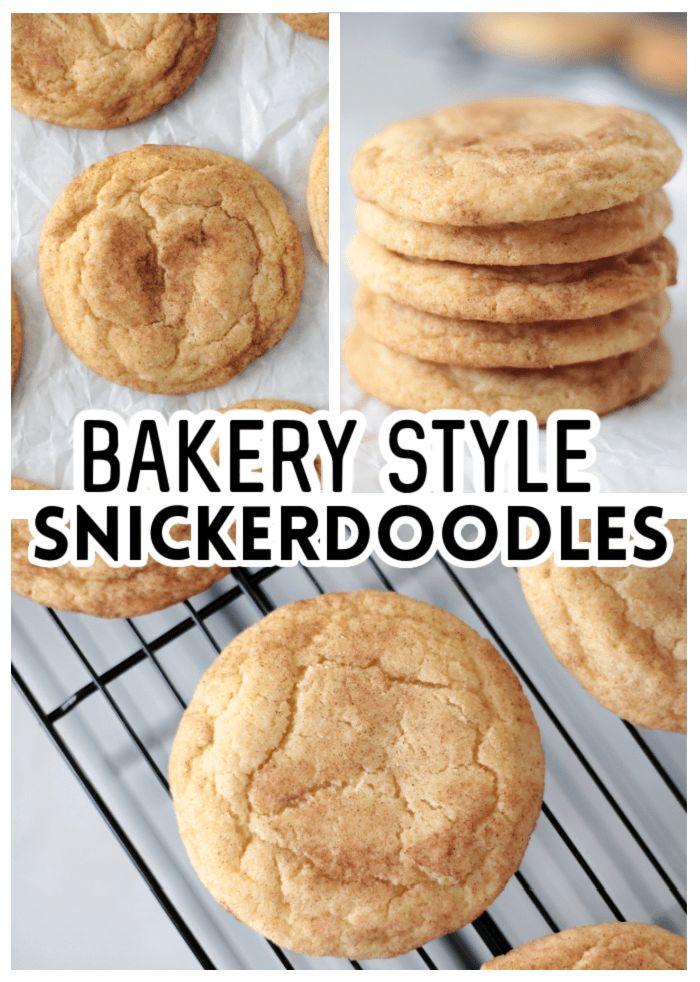 baked cookies on a cooling rack with the words bakery style snickkerdodles