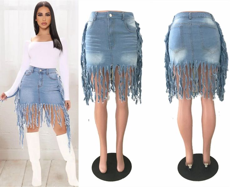 Naya Denim Mini Skirt FancySticated Blue Denim Skirt For Spring Party, Summer Stretch Skirt With Frayed Hem, Stretch Summer Skirt With Frayed Hem, Chic Skirt With Frayed Hem For Spring, Stretch Skirt With Frayed Hem For Summer, Summer Party Denim Skirt, Fitted Bottoms With Tassels For Spring, Spring Party Stretch Denim Skirt, Spring Party Denim Skirt